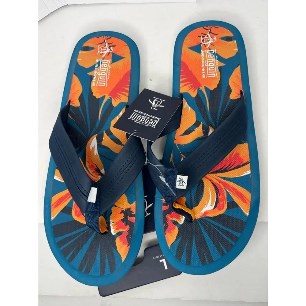 New Original Penguin Navy & Orange Tropical Floral Men's Flip Flops Various Sz